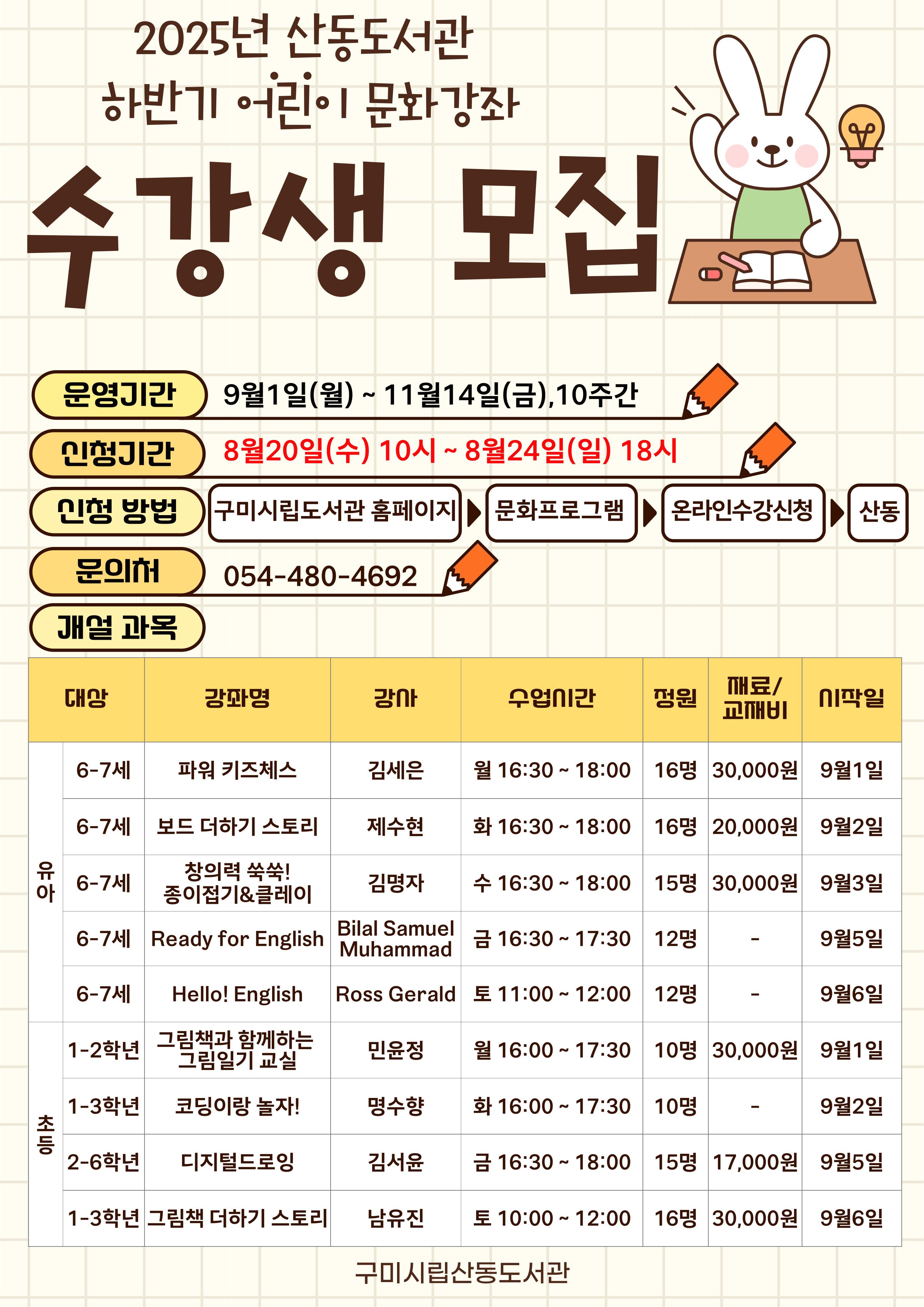 구미시립산동도서관, 2025년 하반기 어린이 문화강좌 수강생 모집