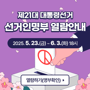 제21대 대통령선거 선거인명부 열람안내 2025.5.23 금 ~ 6.3 화 18시 열람하기(명부확인)