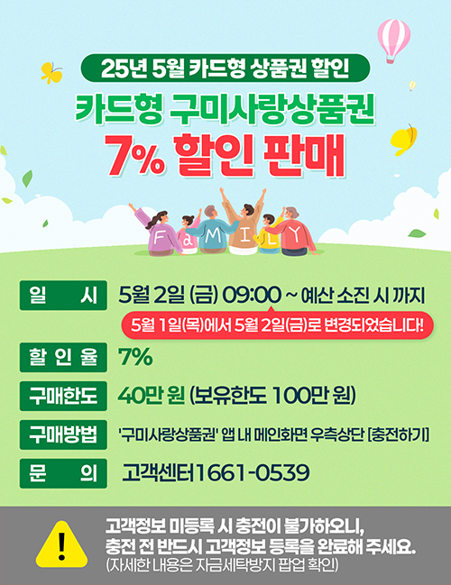 2025년 5월 구미사랑상품권(카드형) 7% 할인판매(기간변경)