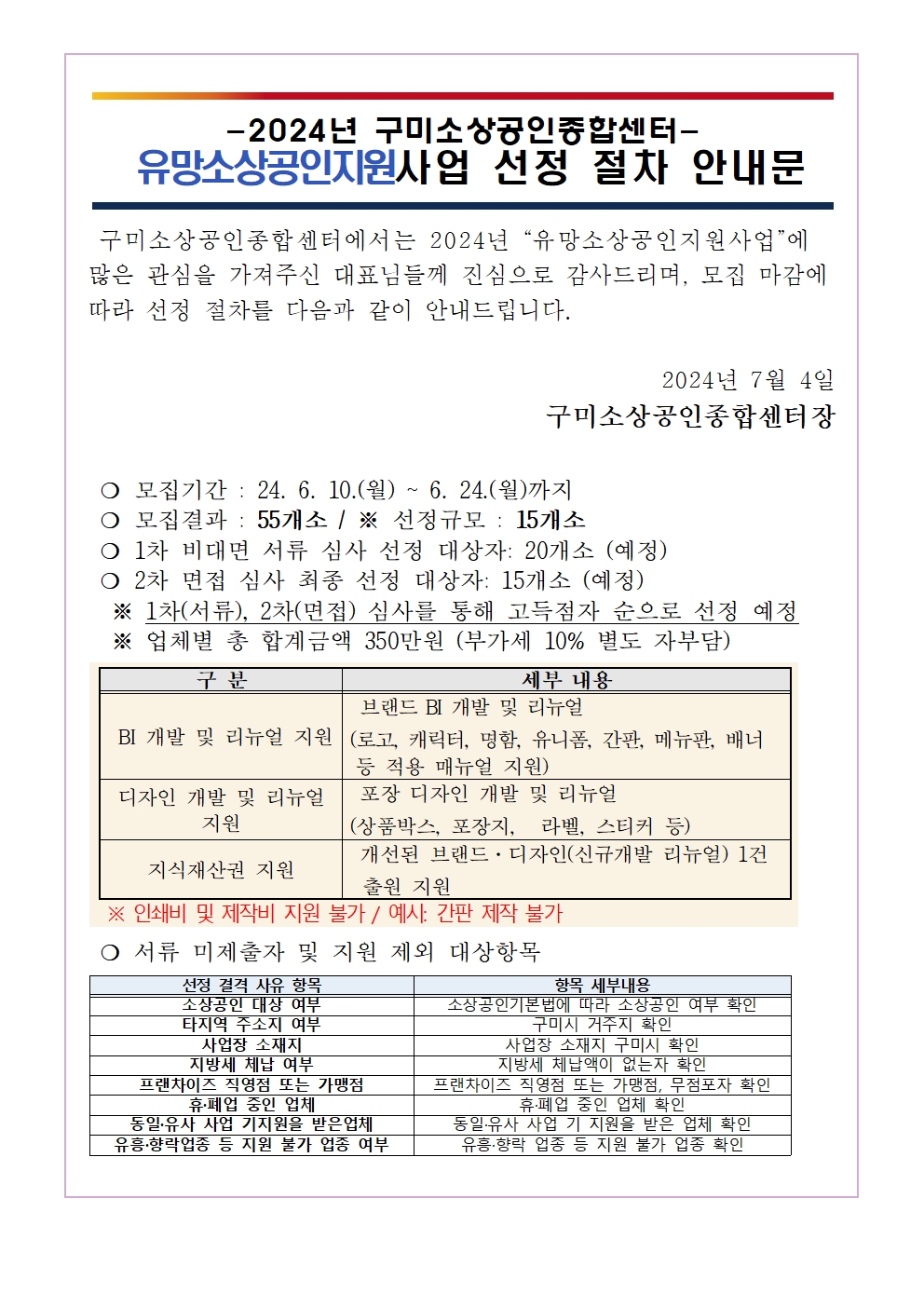 2024년 「유망소상공인지원사업」 선정 절차 안내문 첨부 이미지