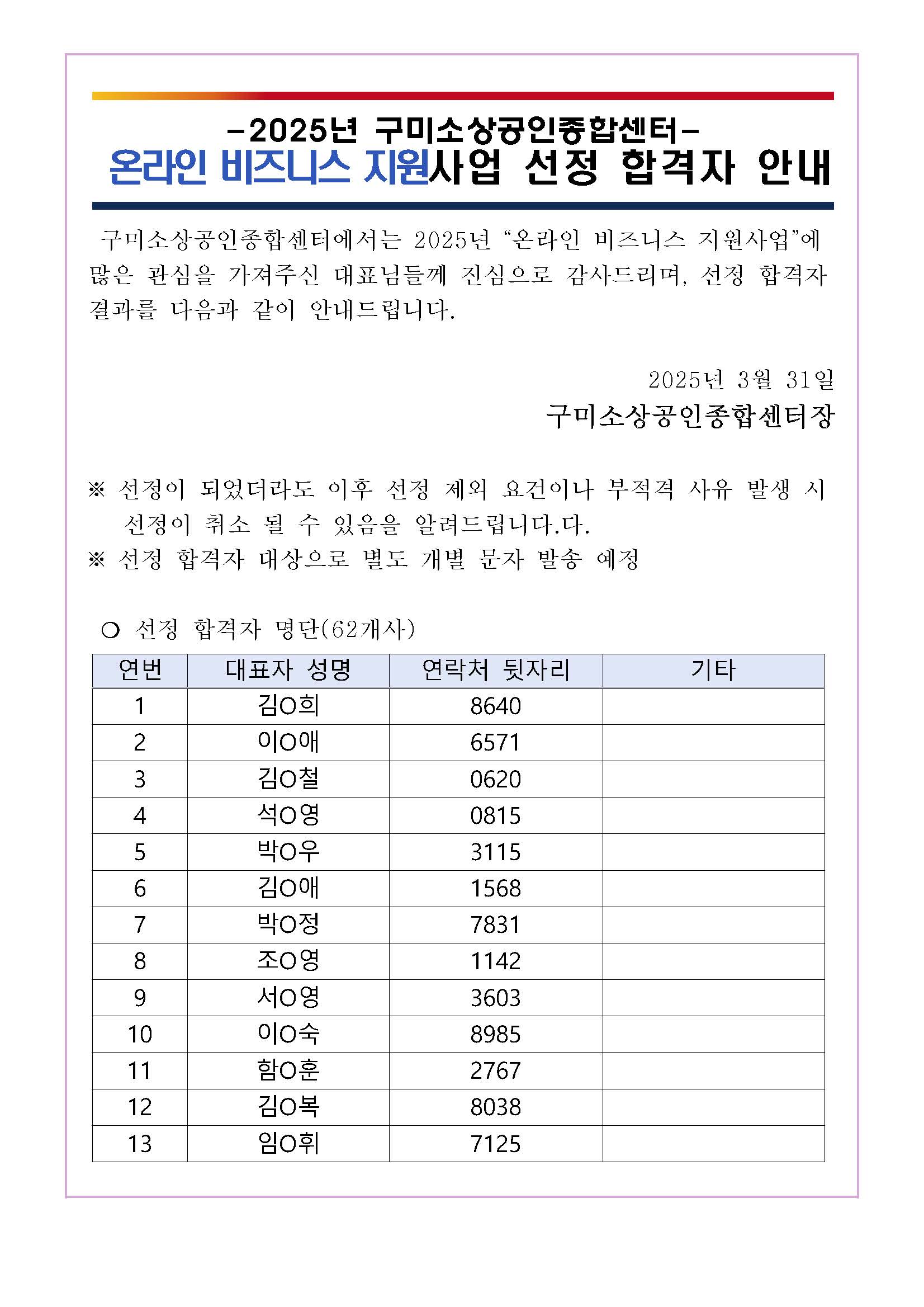 2025년 「온라인비즈니스(먹깨비특화)지원사업」 합격자 안내 공고문 첨부 이미지
