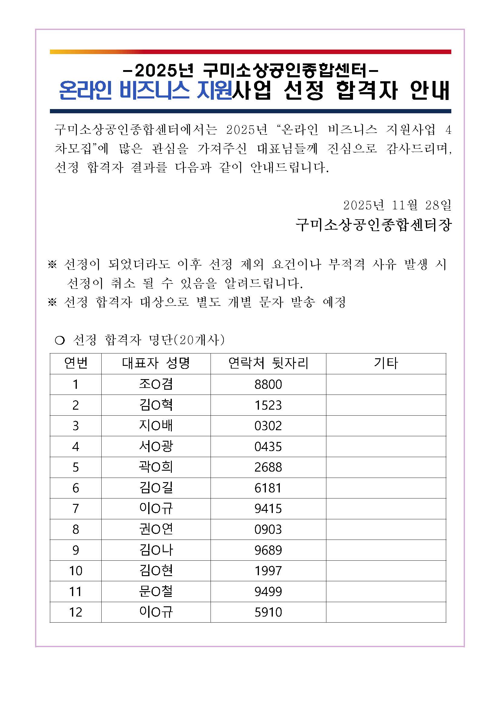 [합격자 공지] 2025년 「온라인 비즈니스 지원사업」 4차 선정 및 진행 절차 안내 첨부 이미지
