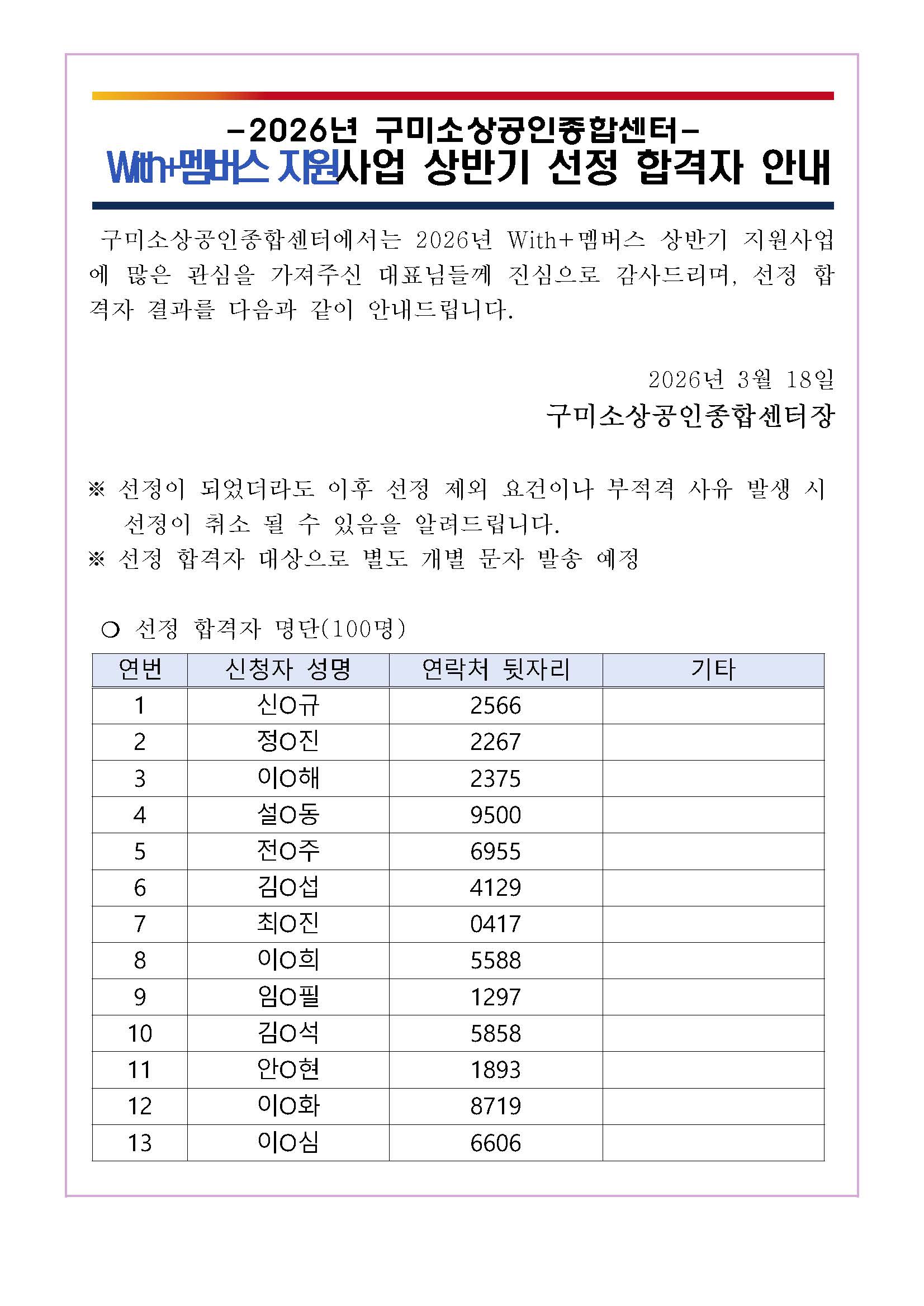 2026년 「With+ 멤버스 지원사업(온라인 수강권 제공)」 합격자 공고 및 진행 절차 안내 첨부 이미지