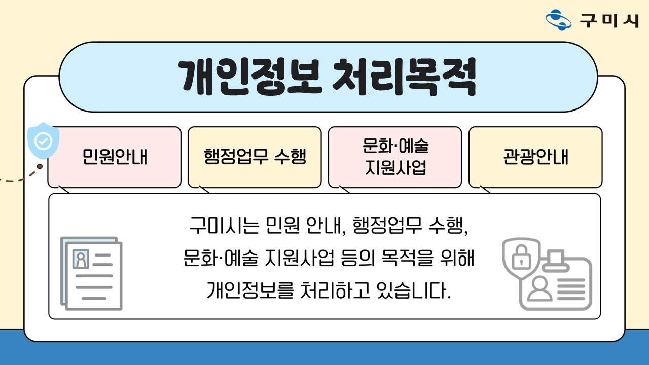 개인정보 처리목적 민원안내/행정업무 수행/문화·예술 지원사업/관광안내 구미시는 민원 안내, 행정업무 수행, 문화·예술 지원사업 등의 목적을 위해 개인정보를 처리하고 있습니다.