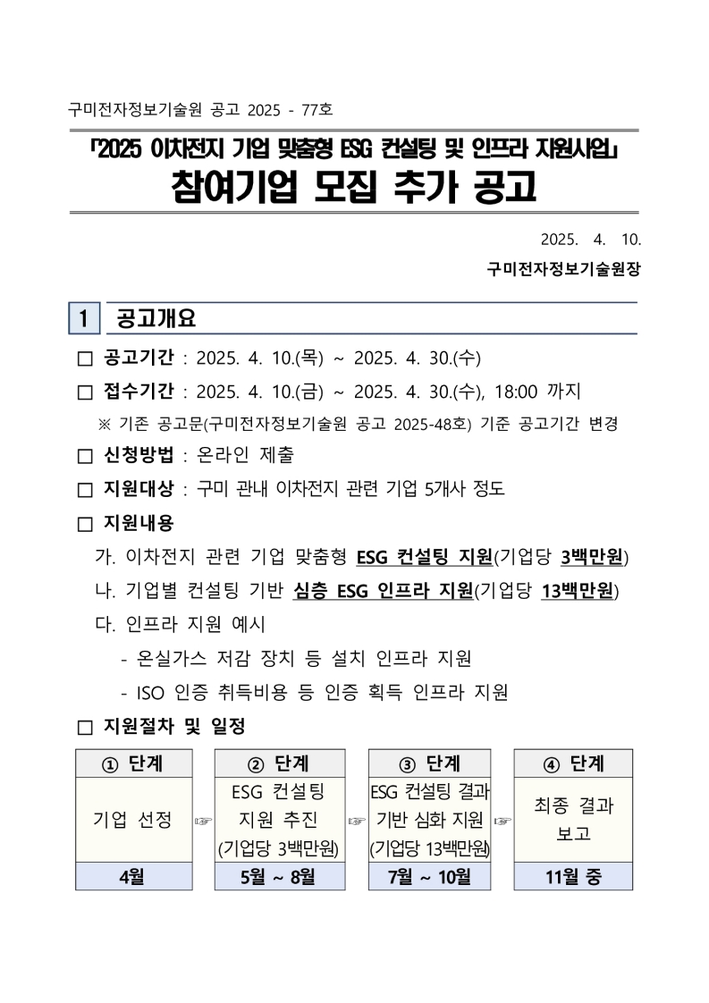 「2025 이차전지 기업 맞춤형 ESG 컨설팅 및 인프라 지원사업」 참여기업 모집 추가 공고 첨부 이미지