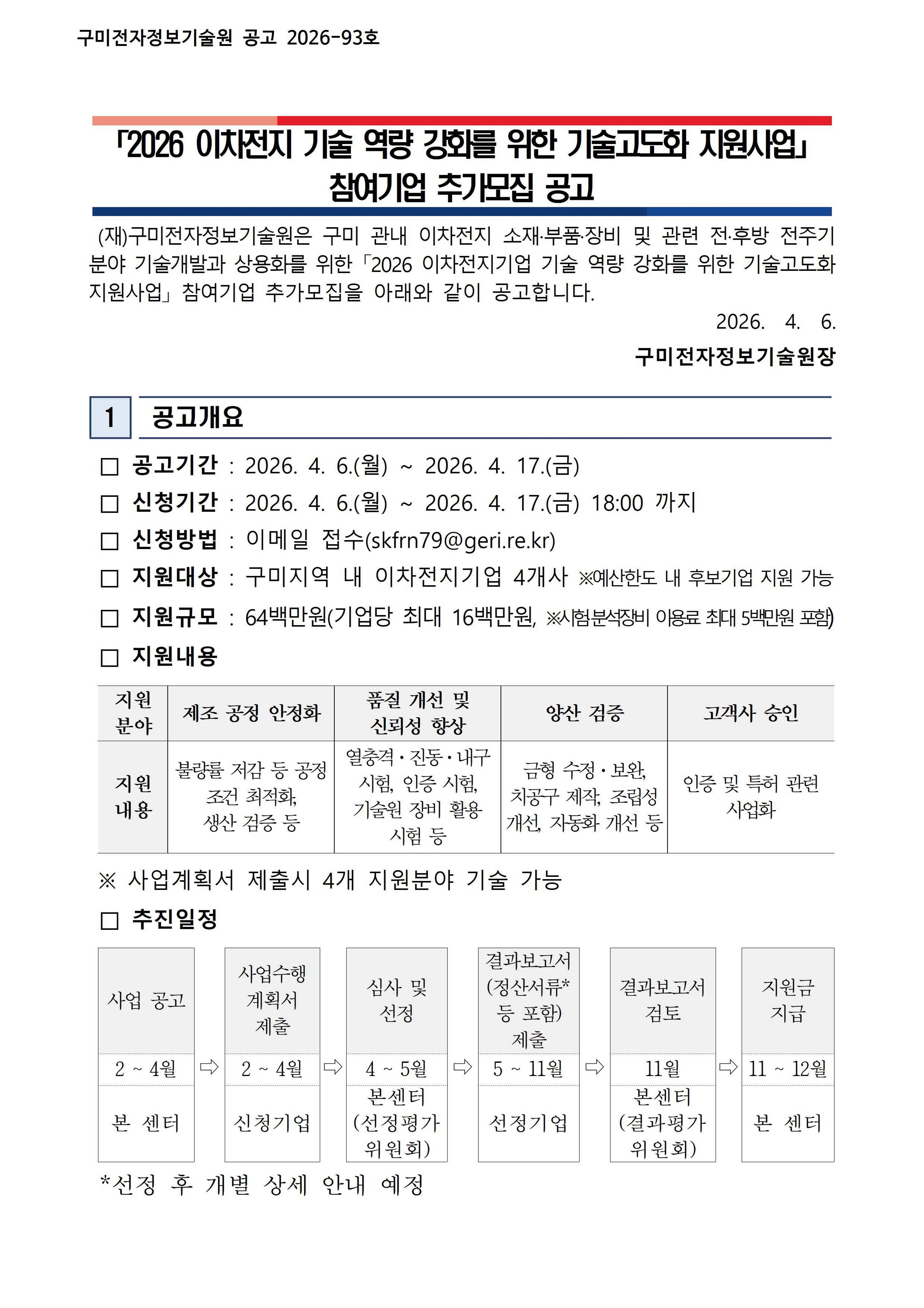 2026 이차전지 기술 역량 강화를 위한 기술고도화 지원사업에 관해 추가모집 공고 첨부 이미지